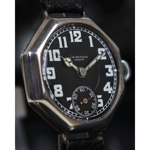 87 - RARE J.W. BENSON 925 SILVER OCTAGONAL WRISTWATCH CIRCA 1918, circular black dial with arabic numeral... 