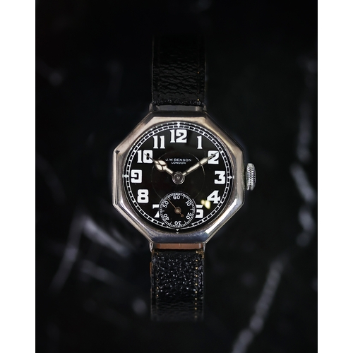 87 - RARE J.W. BENSON 925 SILVER OCTAGONAL WRISTWATCH CIRCA 1918, circular black dial with arabic numeral... 