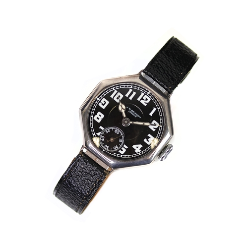 87 - RARE J.W. BENSON 925 SILVER OCTAGONAL WRISTWATCH CIRCA 1918, circular black dial with arabic numeral... 