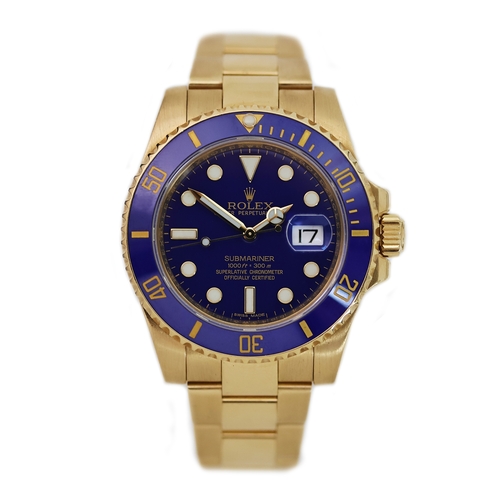 9 - 18CT ROLEX SUBMARINER REFERENCE 116618, circular blue dial with applied hour markers, mercedes hands... 