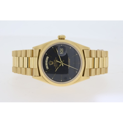 13 - RARE 18CT ROLEX DAY DATE 6611B CIRCA 1959, WITH BOX circular black dial with gold baton hour markers... 
