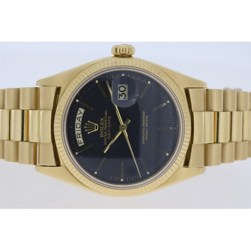 13 - RARE 18CT ROLEX DAY DATE 6611B CIRCA 1959, WITH BOX circular black dial with gold baton hour markers... 