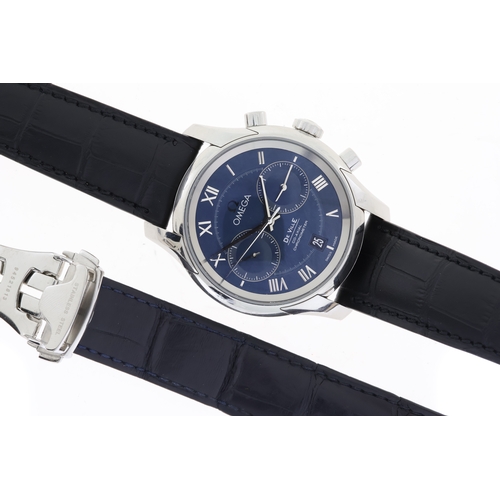 16 - OMEGA DE VILLE CO-AXIAL CHRONOGRAPH WITH BOX, circular sunburst blue dial with applied roman numeral... 