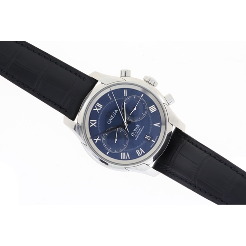 16 - OMEGA DE VILLE CO-AXIAL CHRONOGRAPH WITH BOX, circular sunburst blue dial with applied roman numeral... 