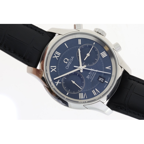16 - OMEGA DE VILLE CO-AXIAL CHRONOGRAPH WITH BOX, circular sunburst blue dial with applied roman numeral... 