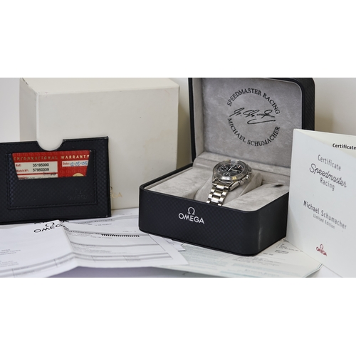 26 - OMEGA SPEEDMASTER RACING MICHAEL SCHUMACHER BOX AND PAPERS 2005, circular carbon dial with baton hou... 
