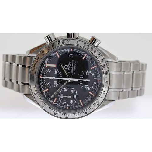 26 - OMEGA SPEEDMASTER RACING MICHAEL SCHUMACHER BOX AND PAPERS 2005, circular carbon dial with baton hou... 