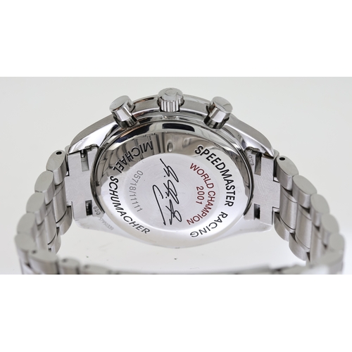 26 - OMEGA SPEEDMASTER RACING MICHAEL SCHUMACHER BOX AND PAPERS 2005, circular carbon dial with baton hou... 
