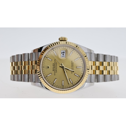 37 - ROLEX DATEJUST 36 STEEL AND GOLD REFERENCE 126233 BOX AND PAPERS 2020, circular champagne dial with ... 