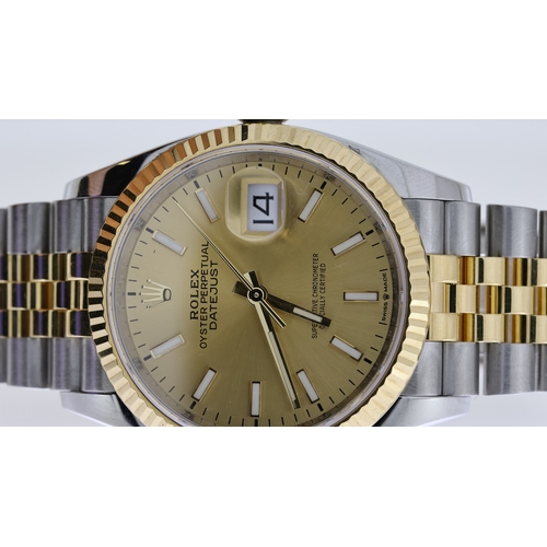 37 - ROLEX DATEJUST 36 STEEL AND GOLD REFERENCE 126233 BOX AND PAPERS 2020, circular champagne dial with ... 