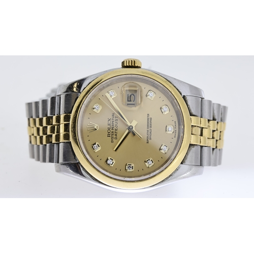 44 - ROLEX DATEJUST 36 REFERENCE 116203 WITH BOX AND PAPERS 2014, champagne diamond dot dial, polished be... 