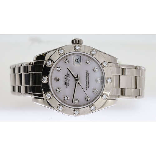 46 - ROLEX 18CT DATEJUST PEARLMASTER REFERENCE 81319 WITH BOX AND PAPERS 2013, mother of pearl diamond do... 