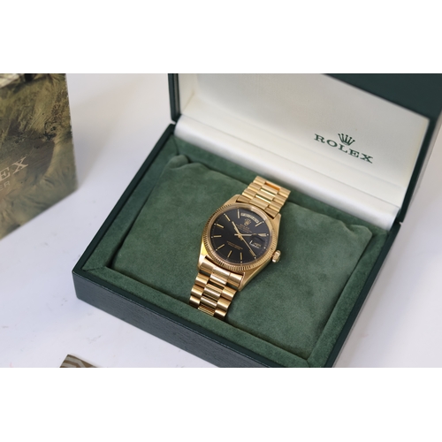 13 - RARE 18CT ROLEX DAY DATE 6611B CIRCA 1959, WITH BOX circular black dial with gold baton hour markers... 