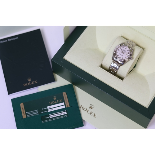 46 - ROLEX 18CT DATEJUST PEARLMASTER REFERENCE 81319 WITH BOX AND PAPERS 2013, mother of pearl diamond do... 