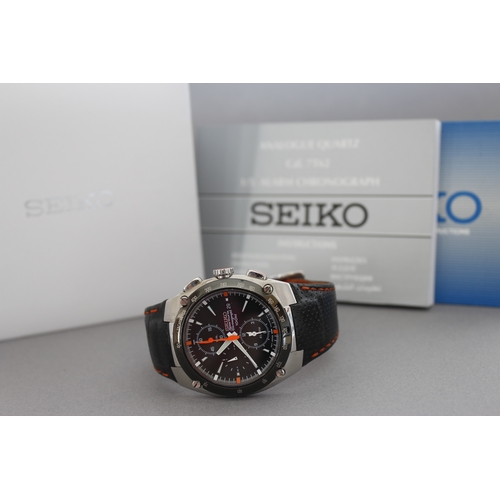 7 - SEIKO SPORTURA CHRONOGRAPH REFERENCE 7T62-03D0 BOX AND PAPERS, circular black dial with baton hour m... 