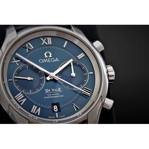 16 - OMEGA DE VILLE CO-AXIAL CHRONOGRAPH WITH BOX, circular sunburst blue dial with applied roman numeral... 