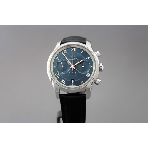 16 - OMEGA DE VILLE CO-AXIAL CHRONOGRAPH WITH BOX, circular sunburst blue dial with applied roman numeral... 