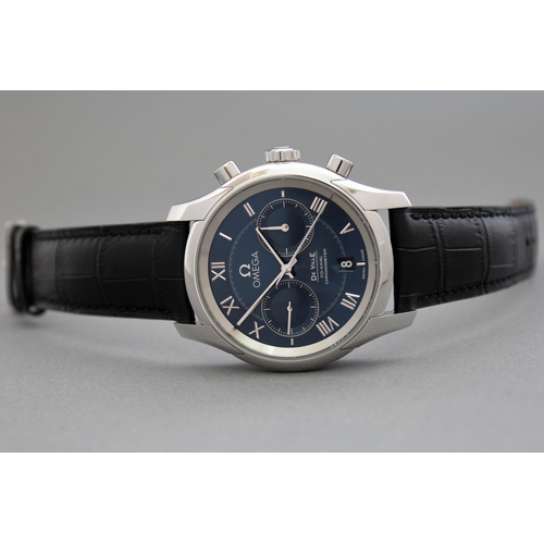 16 - OMEGA DE VILLE CO-AXIAL CHRONOGRAPH WITH BOX, circular sunburst blue dial with applied roman numeral... 