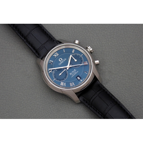 16 - OMEGA DE VILLE CO-AXIAL CHRONOGRAPH WITH BOX, circular sunburst blue dial with applied roman numeral... 