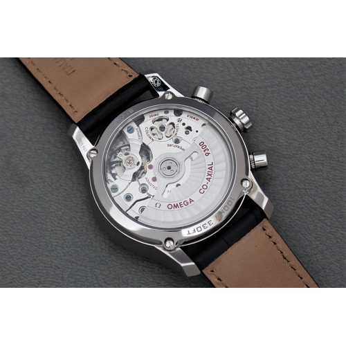 16 - OMEGA DE VILLE CO-AXIAL CHRONOGRAPH WITH BOX, circular sunburst blue dial with applied roman numeral... 