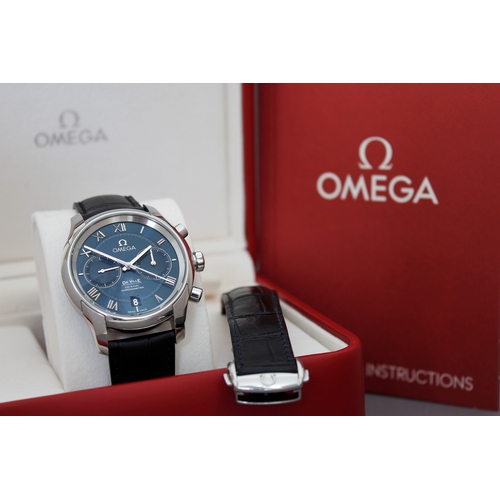 16 - OMEGA DE VILLE CO-AXIAL CHRONOGRAPH WITH BOX, circular sunburst blue dial with applied roman numeral... 
