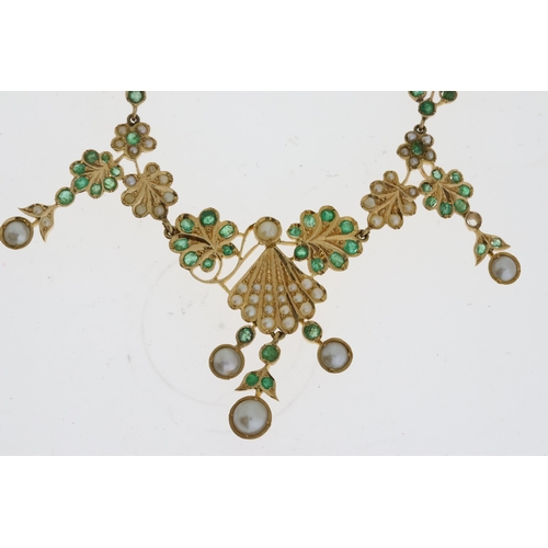 1001 - 18ct Emerald and Pearl Necklace, (approx 17g gross)