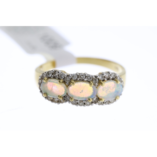 1006 - 18ct Opal and Diamond Triple Cluster Ring, three clusters, Opal with diamond surrounds, 18ct