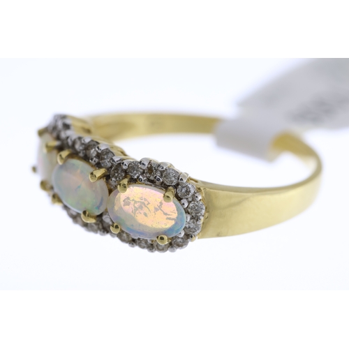 1006 - 18ct Opal and Diamond Triple Cluster Ring, three clusters, Opal with diamond surrounds, 18ct