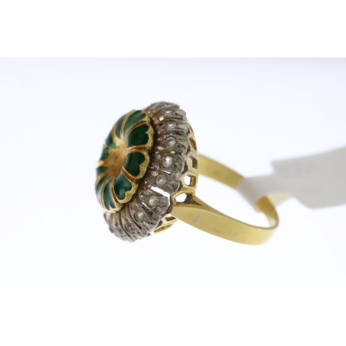 1018 - Green Enamel and Rose Cut Diamond Ring, 18ct