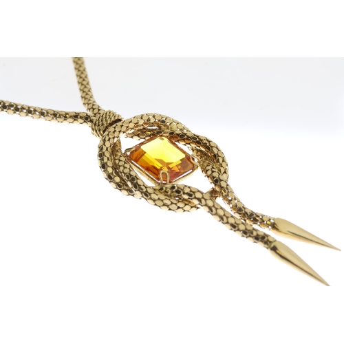 1020 - Citrine Rope Necklace, central rectangular cut Citrine suspended within a rope chain knot and neckla... 