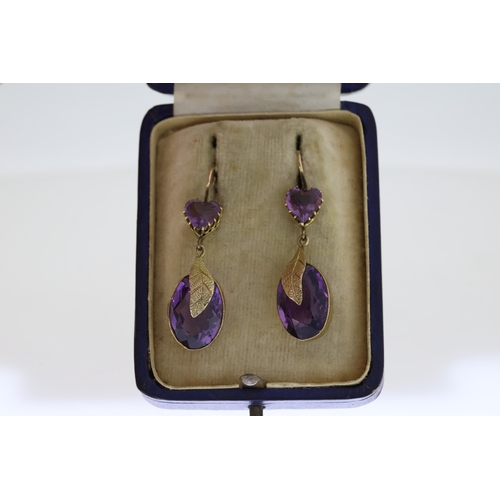 1021 - Antique Amethyst Drop Earrings, French Wire Fittings, Boxed