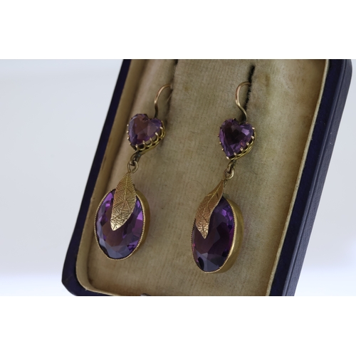 1021 - Antique Amethyst Drop Earrings, French Wire Fittings, Boxed