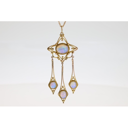 1022 - Art Nouveau Opal Drop Necklace, feature opal with three suspended drops, in yellow gold, closed back... 