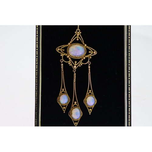 1022 - Art Nouveau Opal Drop Necklace, feature opal with three suspended drops, in yellow gold, closed back... 