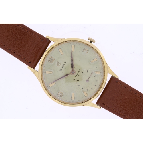 11 - 18CT VINTAGE CYMA OVERSIZE MECHANICAL WRISTWATCH, circular champagne patina dial with baton hour mar... 