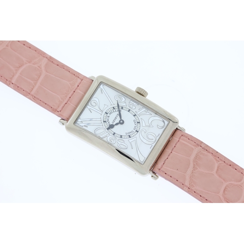 13 - 18CT FRANK MULLER LONG ISLAND AUTOMATIC, rectangular silver dial with arabic numeral hour markers, a... 