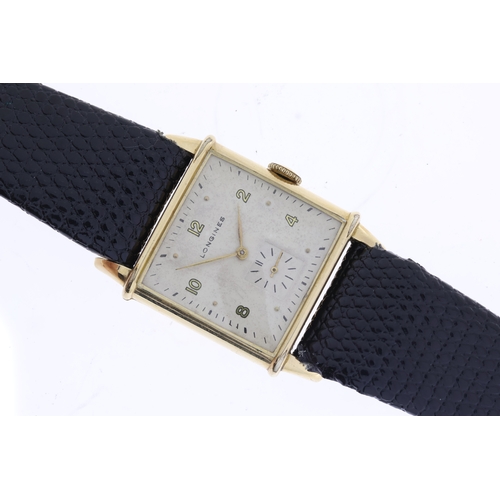 268 - VINTAGE LONGINES GOLD FILLED MECHANICAL WRISTWATCH, square silver dial with arabic numeral hour mark... 