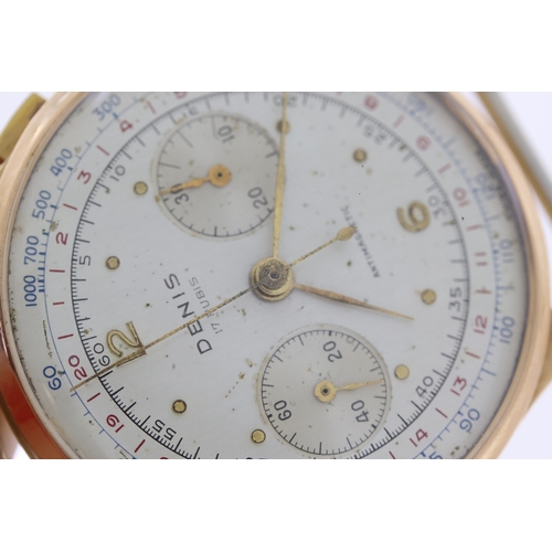 272 - 18CT VINTAGE DENIS CHRONOGRAPH, circular silver dial with dot hour markers, chronograph function wit... 