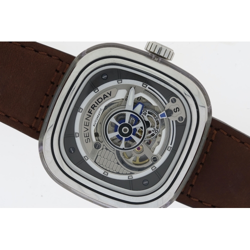 296 - SEVENFRIDAY S1/01 AUTOMATIC WITH BOX AND WARRANTY CARD, square open work dial with baton hour marker... 