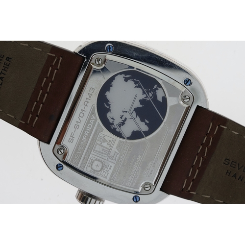 296 - SEVENFRIDAY S1/01 AUTOMATIC WITH BOX AND WARRANTY CARD, square open work dial with baton hour marker... 