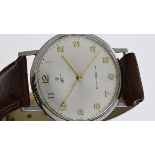 320 - VINTAGE TUDOR SHOCK RESISTING MECHANICAL WRISTWATCH, circular sunburst silver dial with arabic numer... 