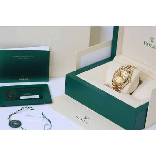 34 - 18CT ROLEX DAY DATE 40 DIAMOND DIAL REFERENCE 228238 BOX AND PAPERS 2023, circular sunburst gold dia... 