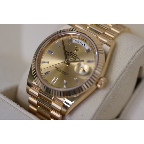 34 - 18CT ROLEX DAY DATE 40 DIAMOND DIAL REFERENCE 228238 BOX AND PAPERS 2023, circular sunburst gold dia... 