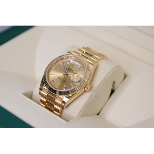 34 - 18CT ROLEX DAY DATE 40 DIAMOND DIAL REFERENCE 228238 BOX AND PAPERS 2023, circular sunburst gold dia... 