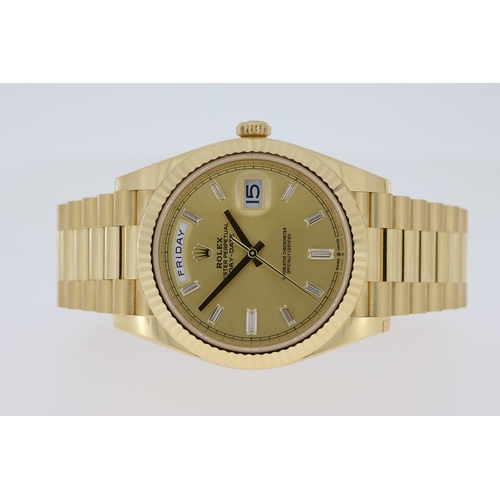 34 - 18CT ROLEX DAY DATE 40 DIAMOND DIAL REFERENCE 228238 BOX AND PAPERS 2023, circular sunburst gold dia... 