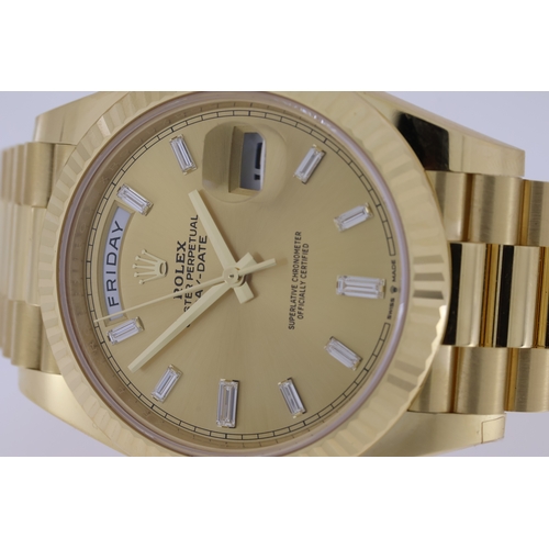 34 - 18CT ROLEX DAY DATE 40 DIAMOND DIAL REFERENCE 228238 BOX AND PAPERS 2023, circular sunburst gold dia... 