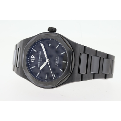 35 - GIRARD PERREGAUX LAUREATO 38 CERAMIC BOX AND PAPERS 2018, circular black Clous des Paris dial with a... 