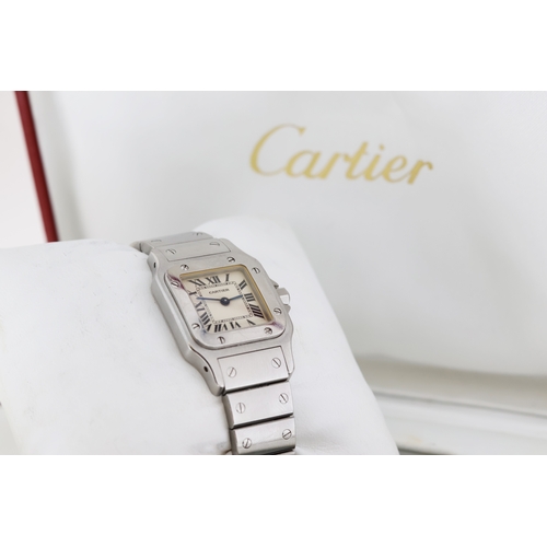 5 - CARTIER SANTOS GALBEE QUARTZ REFERENCE 1565 WITH BOX, square white dial with roman numeral hour mark... 