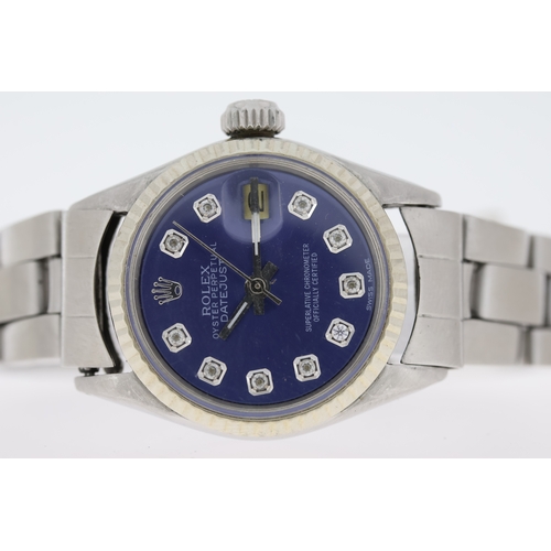 51 - LADIES ROLEX DATEJUST 26 REFERENCE 6517 CIRCA 1969, circular aftermarket blue dial with diamond hour... 