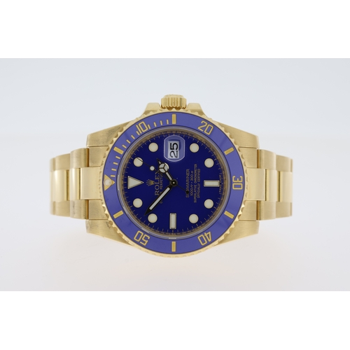 55 - 18CT ROLEX SUBMARINER DATE 'BLUESY' REFERENCE 116618 WITH BOX, circular gloss blue dial with gold ap... 